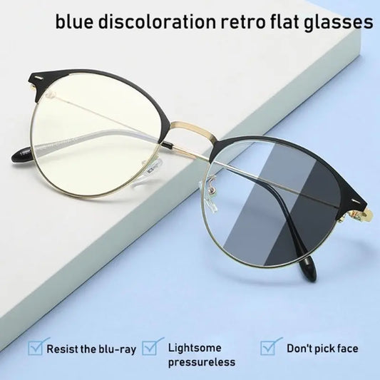 Photochromic Round Glasses | Black Gold Retro Flat Frame – Anti-Blue Light UV Protection Eyeglasses | Kabayan Bazaar UAE