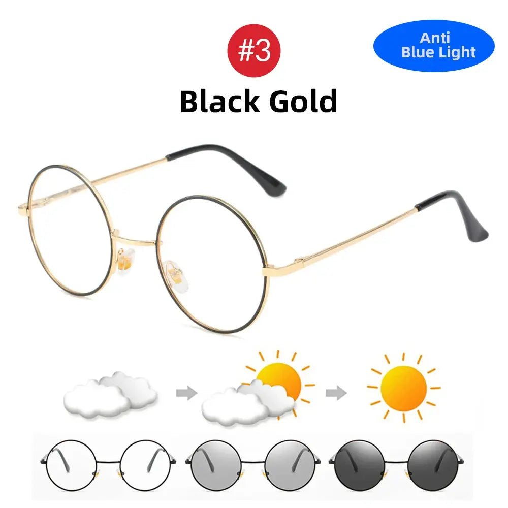 Photochromic Round Glasses | Black Gold Retro Frame – Anti-Blue Light UV400 Sun-Reactive Lenses | Kabayan Bazaar UAE