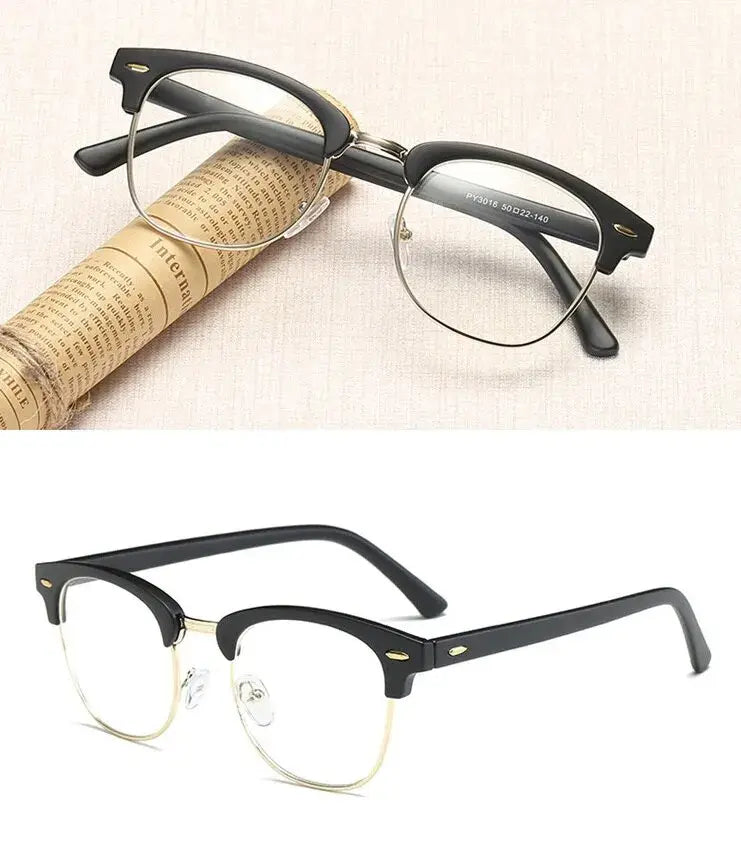 Browline Clubmaster Glasses | Black & Gold Half-Frame Photochromic+Anti-Blue Light Retro Eyeglasses | Kabayan Bazaar UAE