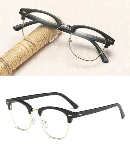 Browline Clubmaster Glasses | Black & Gold Half-Frame Photochromic+Anti-Blue Light Retro Eyeglasses | Kabayan Bazaar UAE