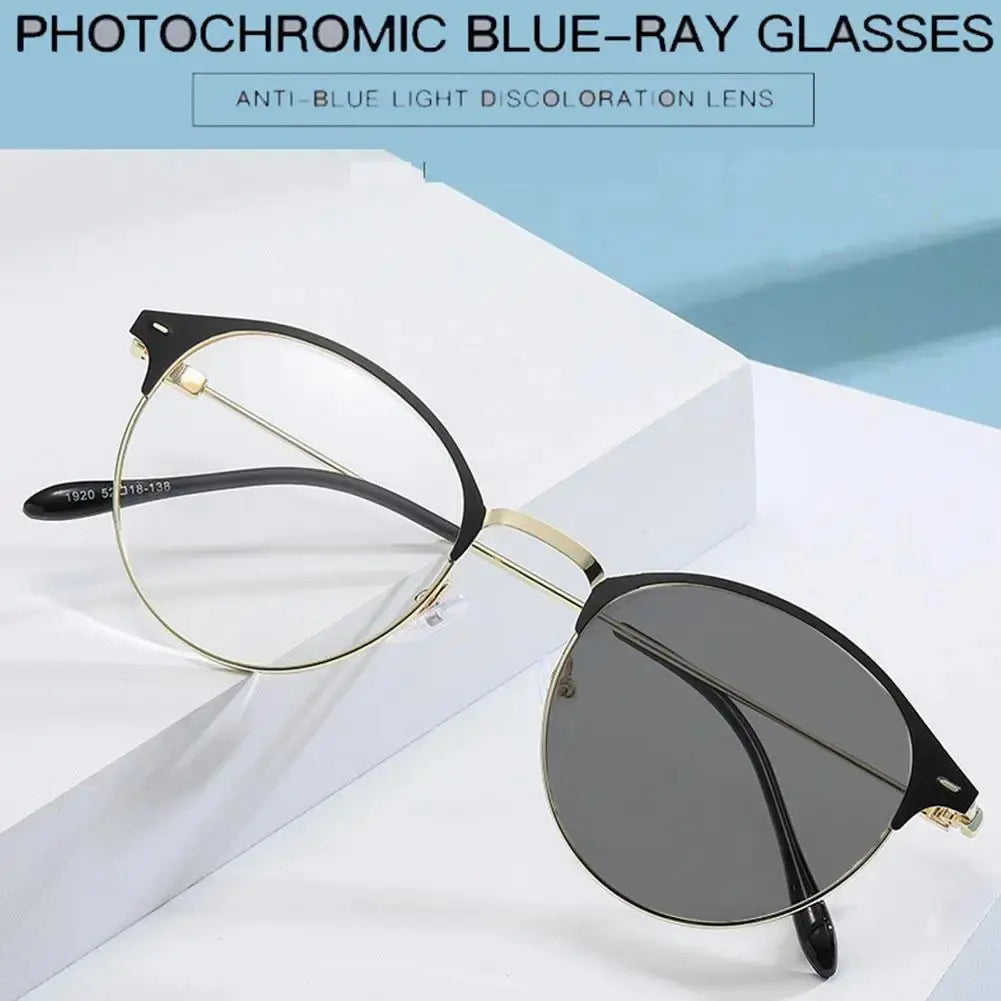 Photochromic Round Glasses | Black Gold Retro Flat Frame – Anti-Blue Light UV Protection Eyeglasses | Kabayan Bazaar UAE