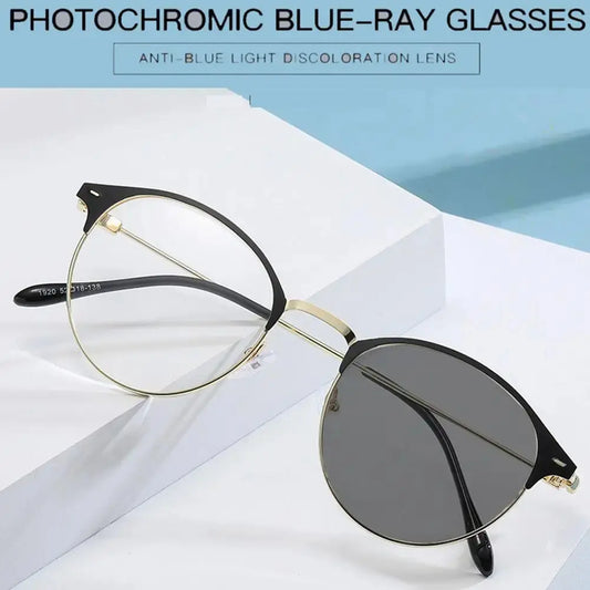 Photochromic Round Glasses | Black Gold Retro Flat Frame – Anti-Blue Light UV Protection Eyeglasses | Kabayan Bazaar UAE