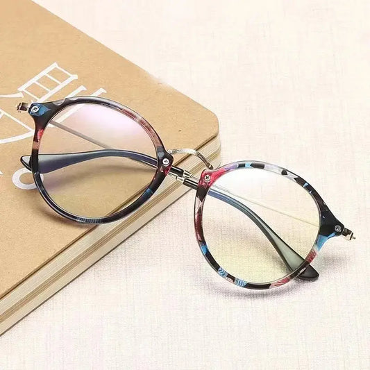 Round Floral Print Glasses | Multicolor Marble Pattern Frame Photochromic+ Anti-Blue Light Retro Eyeglasses